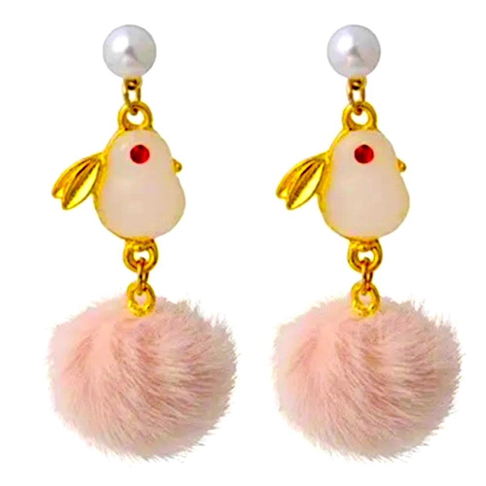 Bunny Rabbit Faux Pearl & Fur, Pink, White, Gold Stud Dangle Earrings Easter - Picture 5 of 5